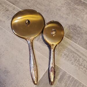 RARE Vintage Set of 2 Gold Brass Mirror & Brush